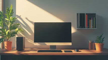 modern desktop setup featuring computer, keyboard, mouse, and plants. workspace is well lit with natural light, creating serene atmosphere