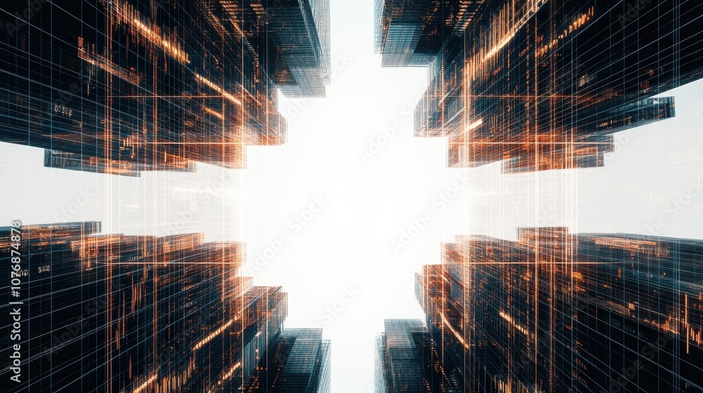 Poster a futuristic view of towering skyscrapers with glowing lines, creating a striking geometric pattern 