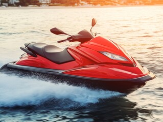 A vibrant red jet ski gliding over water during sunset.