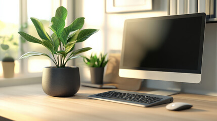 Fototapeta premium Modern office desktop featuring computer, wireless keyboard, and potted plants, creating serene and productive workspace atmosphere