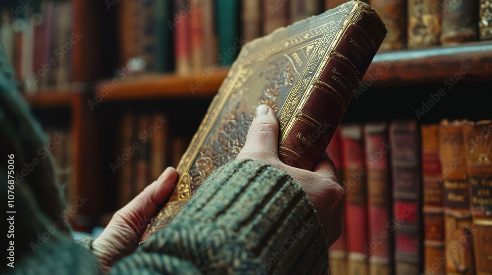 Poster close-up of a hand grabbing a book in a library setting - education and learning concept generative 