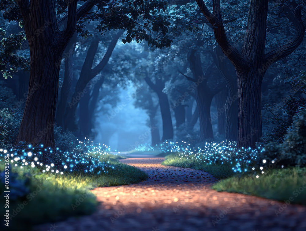 Poster mystical enchanted forest with towering trees and glowing flowers, creating serene and magical atmos