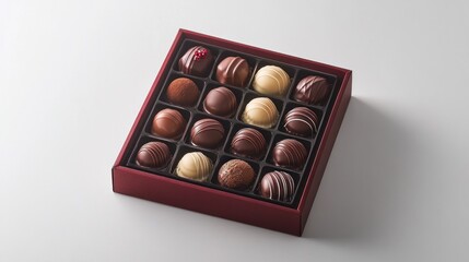 A beautifully arranged box of assorted chocolates in various shapes and designs.