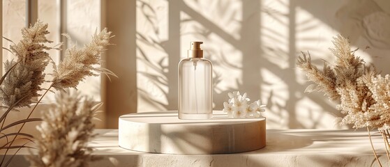 Elegant body spray made from organic materials topping on a 3D pedestal placed against a beige setting with floral centrepieces, Generative AI.