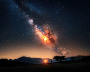 Fototapeta premium Stunning view of galaxy with vibrant sunset over mountains, showcasing beauty of universe and nature tranquility