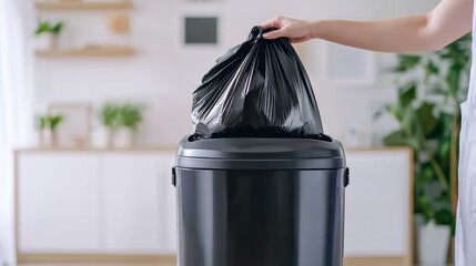 Black garbage bag being removed from a trash can, hands in focus, modern interior with plants in the background