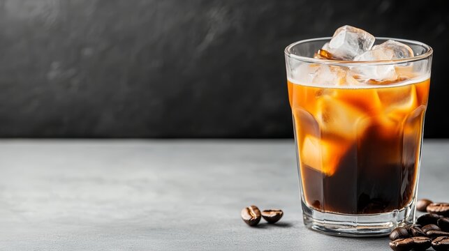 Refreshing iced coffee, a glass of chilled coffee with ice cubes and roasted coffee beans