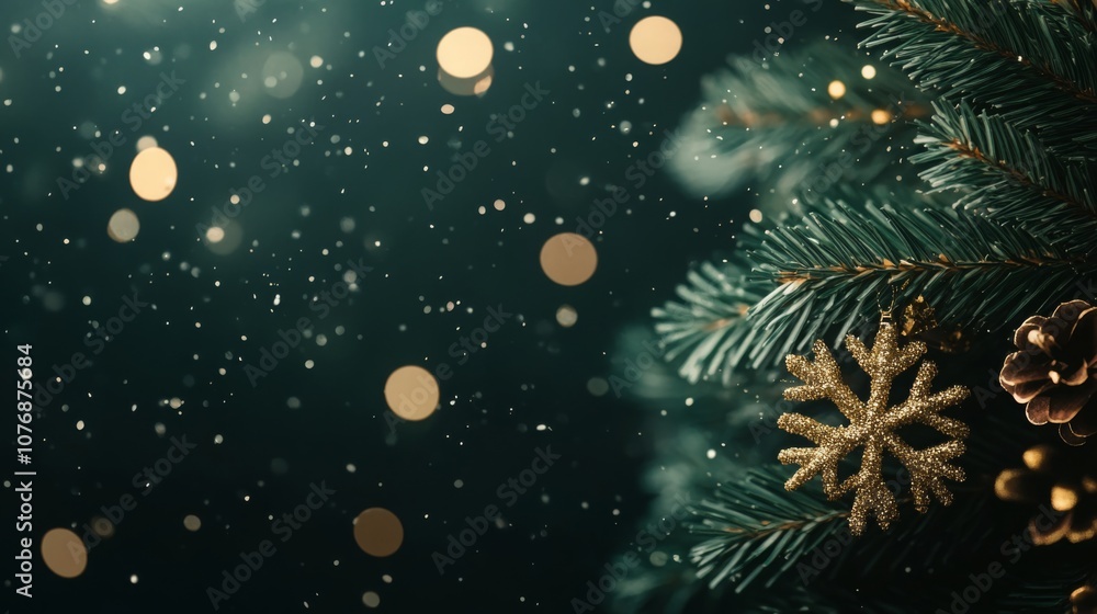 Poster delicate snowflakes drift down over the branches of a christmas tree adorned with golden ornaments a