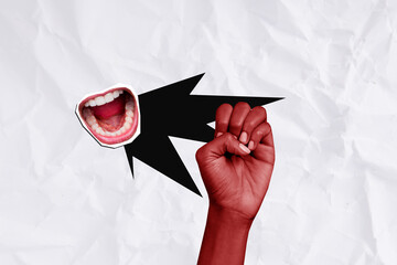 Collage 3d image of pinup pop retro sketch of fight fist scream mouth riot demonstration bizarre...