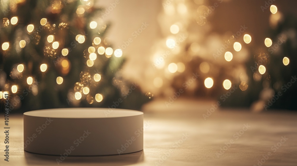 Poster a round, white podium sits on a wooden surface in the foreground of the image. behind the podium, tw