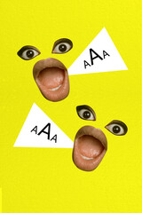 Creative abstract colorful collage of funny person dialogue two mouthes without nose only eyes...