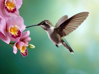 Naklejka premium A hummingbird hovering near a bright orchid blossom, wings frozen in motion with stunning colors, flower, cute animal, grace, nature