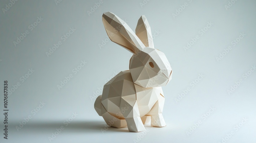 Poster this image showcases a modern geometric rabbit sculpture designed in a minimalistic style. it highli
