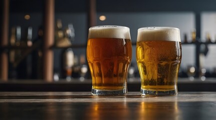 glasses of beer with different shades from light to dark, neatly arranged on a light background
