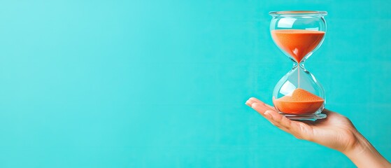 Hand holding a sandglass with orange sand on a blue background.