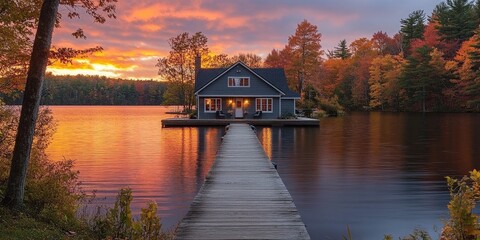 Fototapeta premium Serene Lakeside Retreat with Colorful Autumn Foliage and Stunning Sunset Reflections over Calm Waters with a Charming Dock and Cozy Cabin