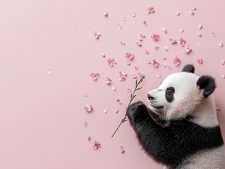 A chubby panda playing in a bamboo garden filled with cherry blossoms, petals falling like pink snow, flower, cute animal, playfulness, serenity