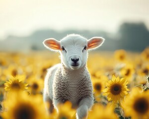 Fototapeta premium A small lamb prancing through a meadow dotted with sunflowers, golden petals contrasting with its woolly white coat, flower, cute animal, innocence, happiness
