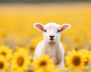 Obraz premium A small lamb prancing through a meadow dotted with sunflowers, golden petals contrasting with its woolly white coat, flower, cute animal, innocence, happiness