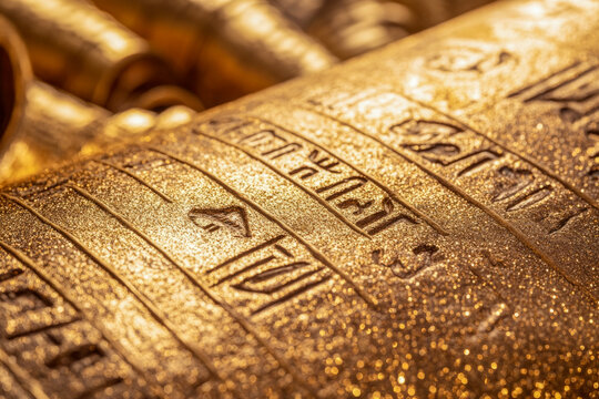 Ancient hieroglyphs on golden surface: glowing egyptian symbols, cultural heritage, history, texture