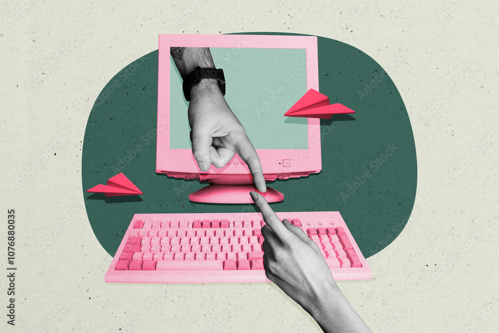 Poster composite trend artwork sketch image photo collage of coworking two hand finger point touch between 
