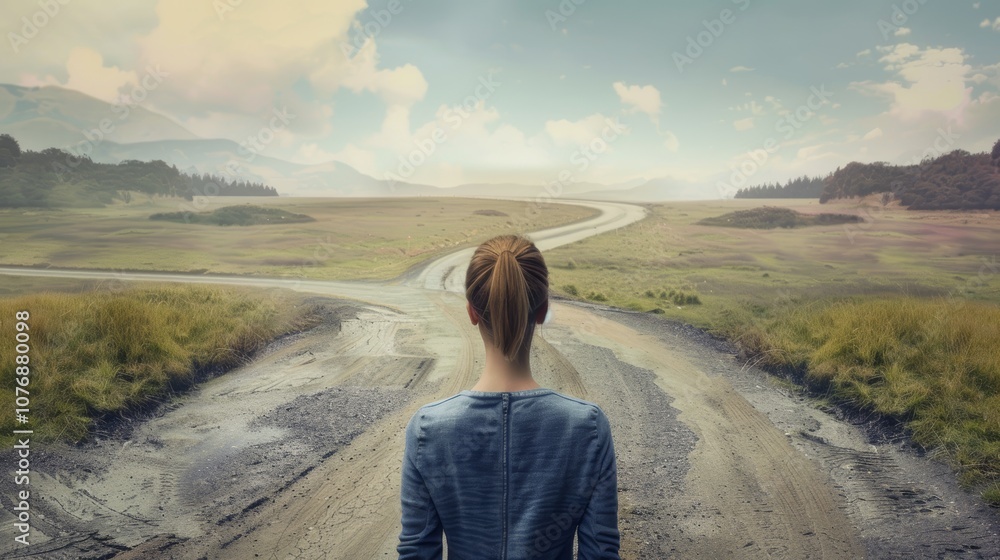 Poster Man Standing in Front of a Fork in the Road, Choosing a Path Generative AI