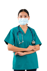 A female medical professional wearing a mask and scrubs, standing confidently with arms crossed.