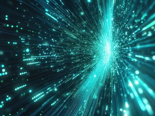 Fototapeta premium Background with glowing light blue and green lines, particles of data flowing in the air