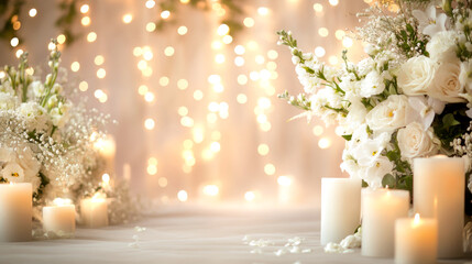 Fototapeta premium Elegant wedding decor with white flowers and candles against a bokeh light background