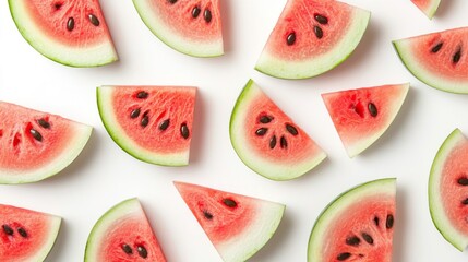 Slices of ripe watermelon arranged on a white background