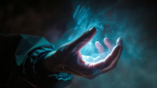 A person in awe looking at their hand, potential usecase for healthcare, medical or spiritual concepts Generative AI