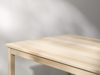Close up to the Wood Table with Soft Sunlight and Shadows on Wall Background . Space for product presentation display. 3D illustration