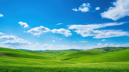 Obraz premium Rolling Hills Beneath a Bright Blue Sky with Puffy Clouds