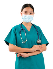 Healthcare professional wearing scrubs and a mask, arms crossed, with a stethoscope, on a white isolated background.
