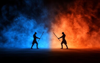 Obraz premium Two fighters face off in a colorful smoke-filled arena, showcasing their martial arts skills with glowing weapons.