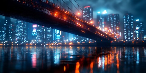 A stunning view of a vibrant city bridge at night. The bridge is illuminated with glowing orange lights. The skyline reflects in the water below. A captivating urban landscape. AI