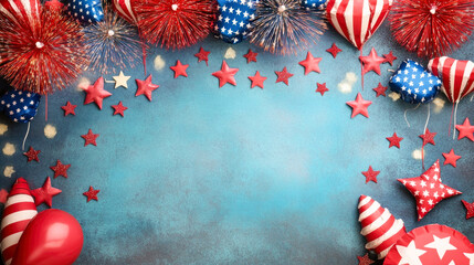 Festive patriotic celebration with red, white, and blue decorations on textured background