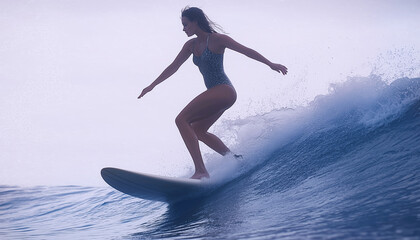 Retro-style image of woman in on surfboard wearing swimsuit, balancing on ocean waves. Soft, natural light under overcast sky creates nostalgic vibe. Active people, exotic vacations and relax concept.