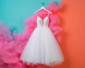 Obraz premium Layered tulle wedding gown on a pearl hanger, romantic pastel lighting for a chic and elegant bridal look