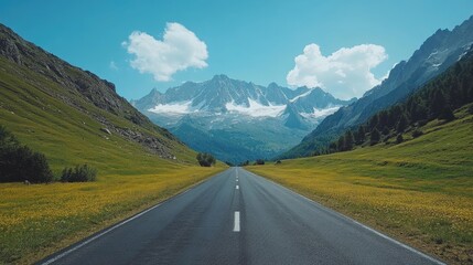 Fototapeta premium A long, straight road leads through a valley with green meadows and snow-capped mountains in the distance. The sky is blue and there are some clouds.