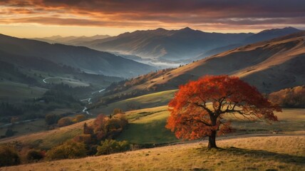 Solitary Tree with Red Autumn Leaves on Mountain at Sunset
