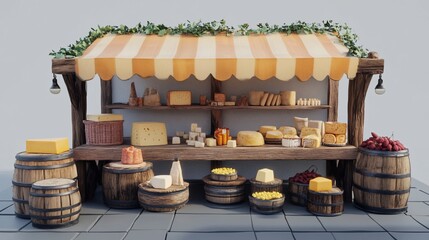 A charming wooden market stall filled with various cheeses, with barrels and vines overhead.