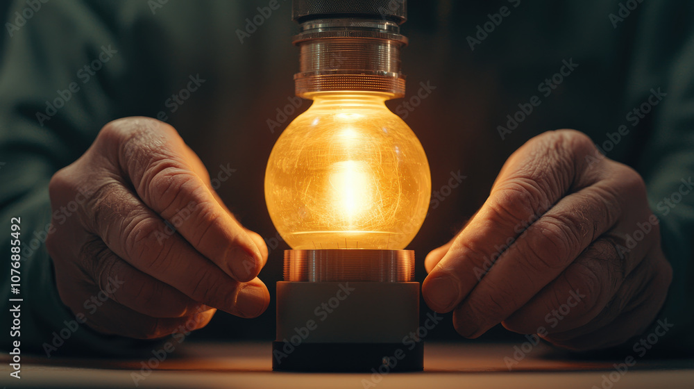 Poster scientist is examining glowing object under microscope, showcasing intricate details and warm light.