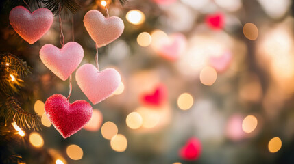 Fototapeta premium Romantic heart ornaments on christmas tree with warm festive lights at outdoor holiday event