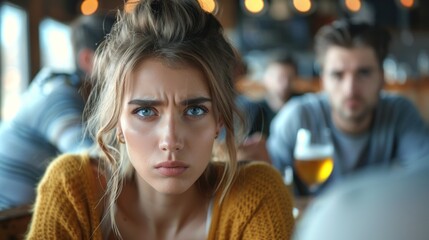 Fototapeta premium Upset young woman looking at camera while sitting in bar.