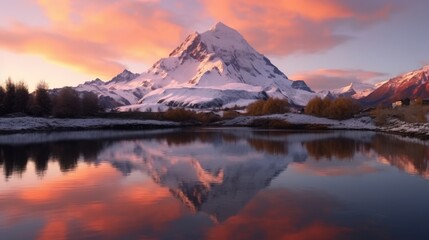 Snow-Capped Peak Reflecting in a Lake at Sunset
