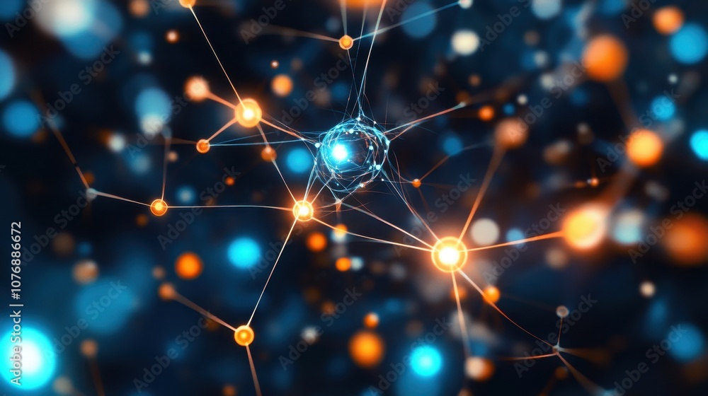 Poster abstract representation of a vibrant network of colorful particles and connections symbolizing techn