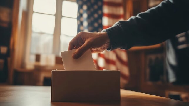 Male hand placing ballot in voting box, American flag in the background, symbol of democracy