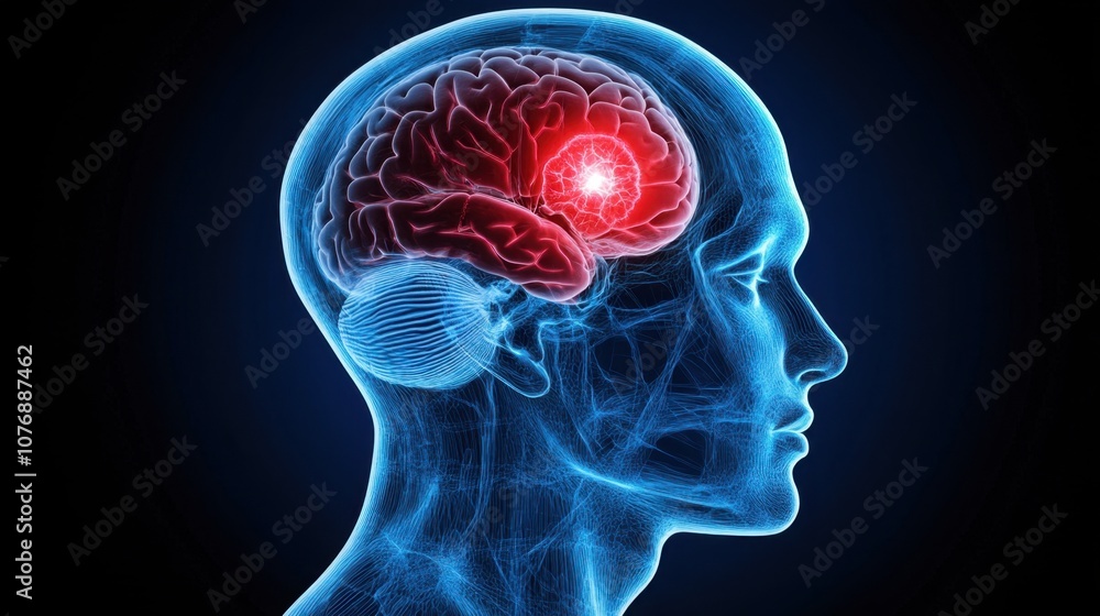 Poster human head profile with luminous brain illustration emphasizing neural activity and cognitive functi