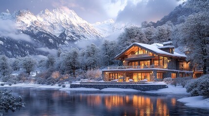 Fototapeta premium Depict an enchanting chalet surrounded by snow-capped mountains, exuding coziness and warmth against the winter, 4k Resolution